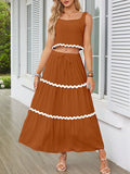 Sleeveless Striped Square-Neck Vest Top + A-Line High Waisted Drawstring Elasticity Pockets Skirts Bottom Two Pieces Set