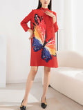 Momentlover Casual Long Sleeves Loose Contrast Color Printed Pleated Beaded Stand Collar Mini Dresses