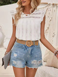Momentlover Split-Joint Solid Color See-Through Ruffle Trim Hollow Loose Cap Sleeve Round-neck Vest Top