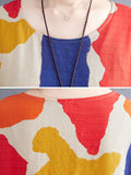 Momentlover Artistic Retro Short Sleeves Loose Contrast Color Printed Round-Neck Midi Dresses