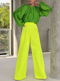 Momentlover Contrast Color Round-Neck Puff Sleeves Blouse Top + Wide Leg Pants Two Pieces Set