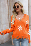 Momentlover Flower Distressed Ribbed Trim Sweater