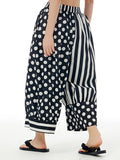 Momentlover Striped Split-Joint Polka-Dot Elasticity Contrast Color Wide Leg Loose Pants Cropped Trousers