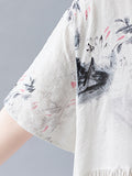 Momentlover Split-Joint Printed Pleated Short Sleeves Loose Round-neck Midi Dresses