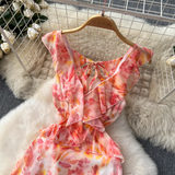 - Sexy hollow backless floral chiffon vacation dress GEU1083