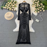 - Long-sleeved stand-up collar A-line mesh see-through dress with hollow front GEU954