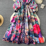 - Retro French mid-length lantern long-sleeve printed dress GEU1095