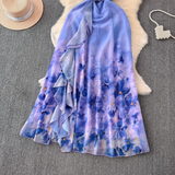 - Ruffled patchwork slit oil painting print vacation Dress GEU1057