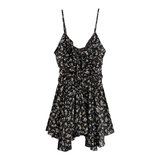 vmtvr- Black Floral Irregular V-Neck Pleated Sling Dress GEU472