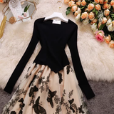 - Spliced mesh midi skirt V-neck long-sleeved butterfly embroidered puffy dress GEU598