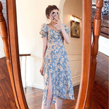 Midi Dress Women Elegant A-Line Korean Vintage Purple Chiffon Summer Woman  Dresses Party Square Collar Boho Vestidos