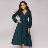 Christmas Gift Women Vintage Sashes A-Line Party Dress Long Sleeve V Neck Solid Elegant Casual Beach Dress  Summer New Fashion Dress
