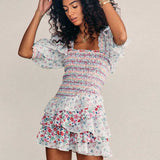 Inspired mixed floral prints ruffled party dress puff sleeve square neck smocked sexy laides dress mini chic summer dress