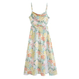 Women Boho Hollow Out Lace Up Bow Dresses Print Split Long Dress  New Fashion Female Sleeveless Beach Flowers Chic