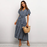 Summer Long Dot Print Bandage Dress Women  New V Neck Butterfly Sleeve High Waist Ladies Slim Casual Party Maxi Dresses