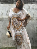 Women Summer Beach Dress Cotton Ethnic Print Kaftan Maxi Dress  Summer Loose Vintage Boho Beach Long Dress Vestidos Q393