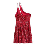 Summer Women Elegant Vintage Sexy Red Velvet Sequins Dress Female Casual Inclined Shoulder Party Slim Mini Dresses