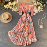 Vintage Ruffles Floral Print  Split  Off Shoulder Dress Summer Maxi Long Party Women Irregular Beach Holiday Dress