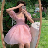 Woman Sweet Pink Fairy Dress Summer Vintage Elegant Square Collar Puff Sleeve Ball Gown Robe Korean Mini Princess Vestidos 0719
