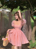 Woman Sweet Pink Fairy Dress Summer Vintage Elegant Square Collar Puff Sleeve Ball Gown Robe Korean Mini Princess Vestidos 0719