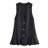 Women Summer   Women Tweed Black Plaid Vintage Casual Sweet Dress Female Fashion Office Lady Slim V Neck Sleeveless Mini Dresses