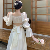 Sweet Back Puff Sleeve Dress Women Autumn  New Pink Bandage Dress Fashion Elegant Chiffon Long Dresses Female