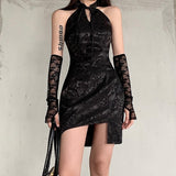 Graduation party  Gothic Halter Black Dresses Women High Waist Emo Alt Clothes Vintage Hollow Out Bodycon Dress Sexy Evening Wear Cheongsam