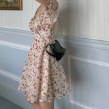 Summer Elegant Floral Dress Women Lace Up Designer Backless Sexy Mini Dress French Retro High Waist Chic Party Sweet Dress
