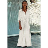 Sexy Button Pockets Front Open Self Belted High Waist Summer Dress White Tunic Women Clothes Street Wear Maxi Dress Q1111