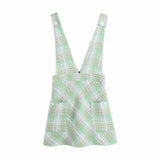 Women Summer   Tweed Women Fashion Vintage Green Plaid Sweet Dress Female Slim Office Lady V-Neck Sleeveless Casual Mini Dresses