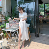 Women Long White Satin Dress Summer Runway Elegant Retro Fairy Casual Sea Beach Vacation Party Night Vestidos New