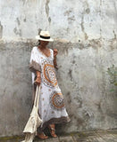 Women Summer Beach Dress Cotton Ethnic Print Kaftan Maxi Dress  Summer Loose Vintage Boho Beach Long Dress Vestidos Q393