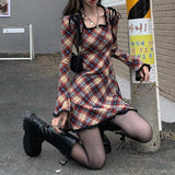Spring Plaid Lolita Dress Women Elegant Japanese Kawaii Paty Mini Dress Female Casual High Street Korean Dress Women  New