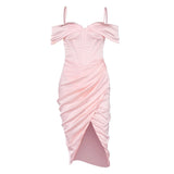 Women Party Formal Split Dress Summer Solid Off Shoulder Strapless Backless Sling Sundress Sexy Ladies Ruched Asymmetric Vestido