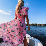 Soft Fabric Wrinkle-free Blue Eyes Chiffon Belted Summer Beach Dress Tunic Sexy Short Sleeve Women Beachwear Wrap Dresses D3