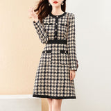 Vintage Dresses for Women Bird Lattice A-Line O-Neck Knitting Dress Button Female Winter Mini Woman Dress Autumn  Clothes