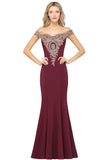 In Stock Mermaid Satin Wedding Party Dress Burgundy Long Lace Open Back Gold Lace Prom Gown Fashion Clothing Vestido De Festa