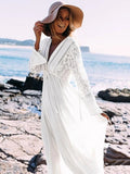 Deep V Neck Hollow Out Long Dress Women Plus Size Summer Beach Tunic White Sexy A Line Long Dress Vestidos Q274