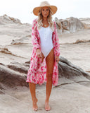 Sweet Pink Print Long Sleeve Front Open Vocation Midi Dress Pink Tunic Women Beach Wear Swim Suit Dresses A990