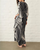 Elegant Quick-Drying Striped V-Neck Self Belted Summer Beach Dress Black Cotton Tunic Plus Size Women Beachwear Kaftan Q941
