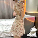 Summer Elegant Floral Dress Women Lace Up Designer Backless Sexy Mini Dress French Retro High Waist Chic Party Sweet Dress