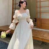 Sweet Back Puff Sleeve Dress Women Autumn  New Pink Bandage Dress Fashion Elegant Chiffon Long Dresses Female