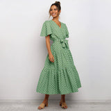 Summer Long Dot Print Bandage Dress Women  New V Neck Butterfly Sleeve High Waist Ladies Slim Casual Party Maxi Dresses