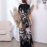 Elegant Tiger Printed Long Dreen  Women Summer Tassel Batwing Sleeve Dress Beach Wear Long Robe De Plage A925