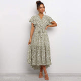 Summer Long Dot Print Bandage Dress Women  New V Neck Butterfly Sleeve High Waist Ladies Slim Casual Party Maxi Dresses