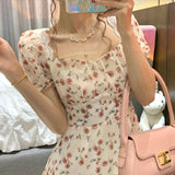 Summer Elegant Floral Dress Women Lace Up Designer Backless Sexy Mini Dress French Retro High Waist Chic Party Sweet Dress