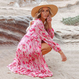 Sweet Pink Print Long Sleeve Front Open Vocation Midi Dress Pink Tunic Women Beach Wear Swim Suit Dresses A990