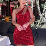 Summer Women Elegant Vintage Sexy Red Velvet Sequins Dress Female Casual Inclined Shoulder Party Slim Mini Dresses