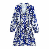 Summer Women Bohemia Print Sashes Mini V Neck Dress Female Vintage Casual Chic Slim Long Sleeve Single-Breasted Dresses