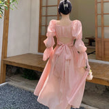 Sweet Back Puff Sleeve Dress Women Autumn  New Pink Bandage Dress Fashion Elegant Chiffon Long Dresses Female